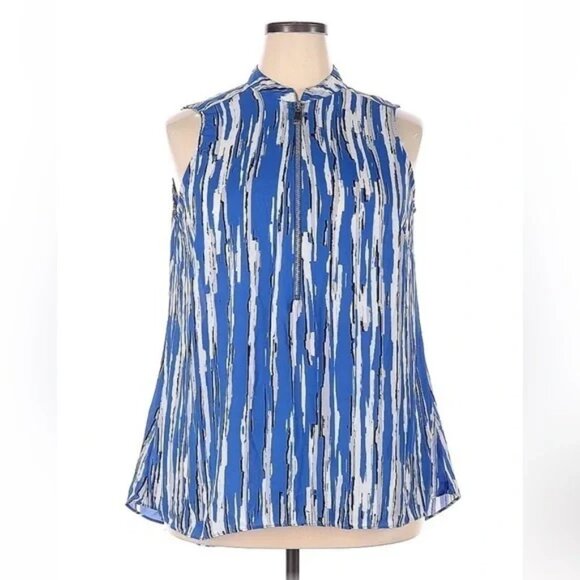 Alfani Tops - Alfani | Blue & White Zippered Front Sleeveless Blouse Size 2XL